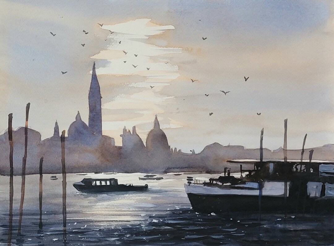 原画#3603 サンジョルジョマッジョーレ　雨　ベネチア　水彩画　風景画　アート 原画#3603 サンジョルジョマッジョーレ 雨 ベネチア 水彩画 風景画