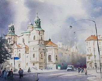 Aquarelle Prague, aquarelle originale, peinture de paysage urbain tchèque, cadeau de nouvel an, cadeau de la Saint-Valentin, cadeau pour lui, cadeau pour elle