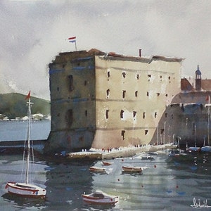 Dubrovnik Original watercolor painting St. John's Fortress Dalmatia painting Watercolor Croatia cities