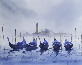 Acuarela Venecia Original Acuarela Pintura Ciudades Italianas Góndola Pintura Niebla Venecia Acuarelalord