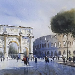 Arco di Costantino, dipinto ad acquerello originale, acquerelli di Roma, paesaggi urbani italiani
