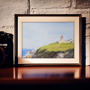 Cabo da Roca Portogallo Dipinto ad acquerello originale Faro di Lisbona Dipinto ad erba Dipinto ad acquerello Paesaggio urbano Watercolorlord