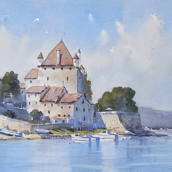 Watercolor Yvoire, Original Painting, France Old Town, Lake Geneva