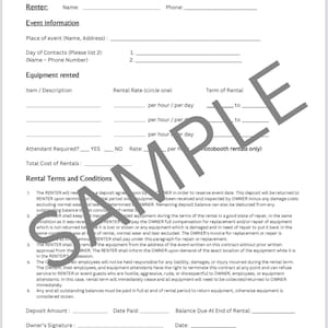 May include: A black and white Equipment Rental Agreement form with the title "Equipment Rental Agreement" at the top. The form includes sections for the owner and renter's names and phone numbers, event information, equipment rented, rental terms and conditions, and deposit information.