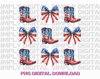 Botas de cowboy coquete de 4 de julho com laço PNG sublimação direta para design de filme patriótico Western Cowgirl EUA vermelho branco azul download digital