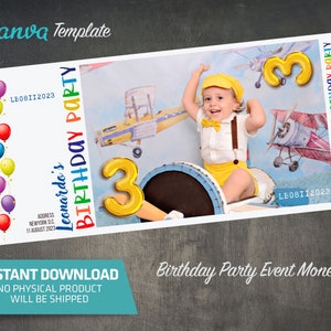 Può includere: Un modello di denaro per feste di compleanno stampabile con una foto di un bambino piccolo con una camicia e un berretto gialli, seduto su un aereo giocattolo. Il modello ha un bordo di palloncini colorati e il testo "Leonardo's Birthday Party" e "LB08112023".