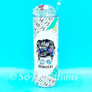 Decorated Bingo Skinny tumbler, Bingo Tumbler with Acrylic Ice Cubes and Bingo Numbers, Messy Bun Bingo Tumbler, 20 Ounce Skinny Tumbler