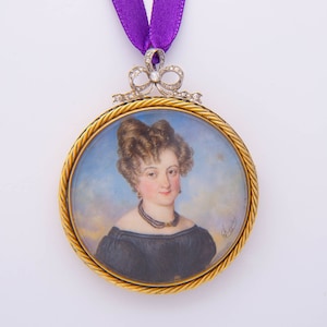 Antique Miniature Portrait Pendant Brooch, Signed Autissier 1828, Diamonds & 18k Gold Platinum