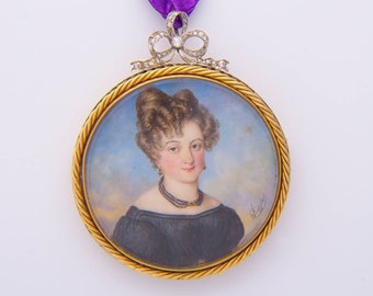 Antique Miniature Portrait Pendant Brooch, Signed Autissier 1828, Diamonds & 18k Gold Platinum