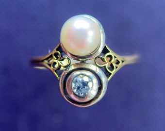 Art Nouveau Ring, Antique Diamond Ring, 18k Yellow Gold 1900