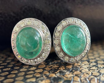 Vintage Natural Emerald & Diamond Cluster Earrings, Cabochons Emerald Earrings, 14K White Gold 1970s