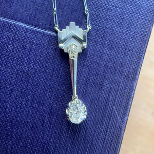 Art Deco Necklace, Antique Diamond Necklace, Antique Pendant on Chain, 18k White & Yellow Gold 1920