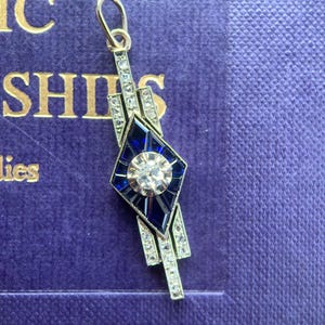 Art Deco Pendant, Antique Sapphire & Diamond Pendant, 18ct White Gold 1920s
