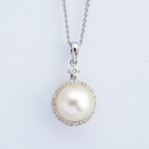 Pearl & Diamond Pendant, White Fresh Water Cultured Pearl Pendant, 18k White Gold image 1