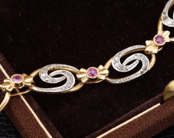Art Nouveau Bracelet, Antique Ruby Diamond Bracelet, 18k Yellow Gold & Platinum 1900s