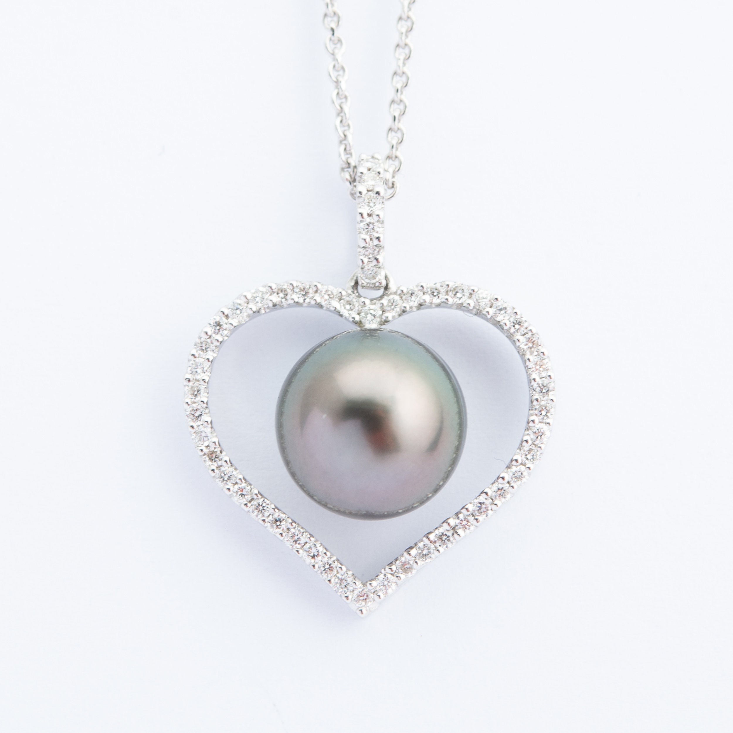 Black Tahitian Pearl & Diamond Pendant, Heart 18K White Gold