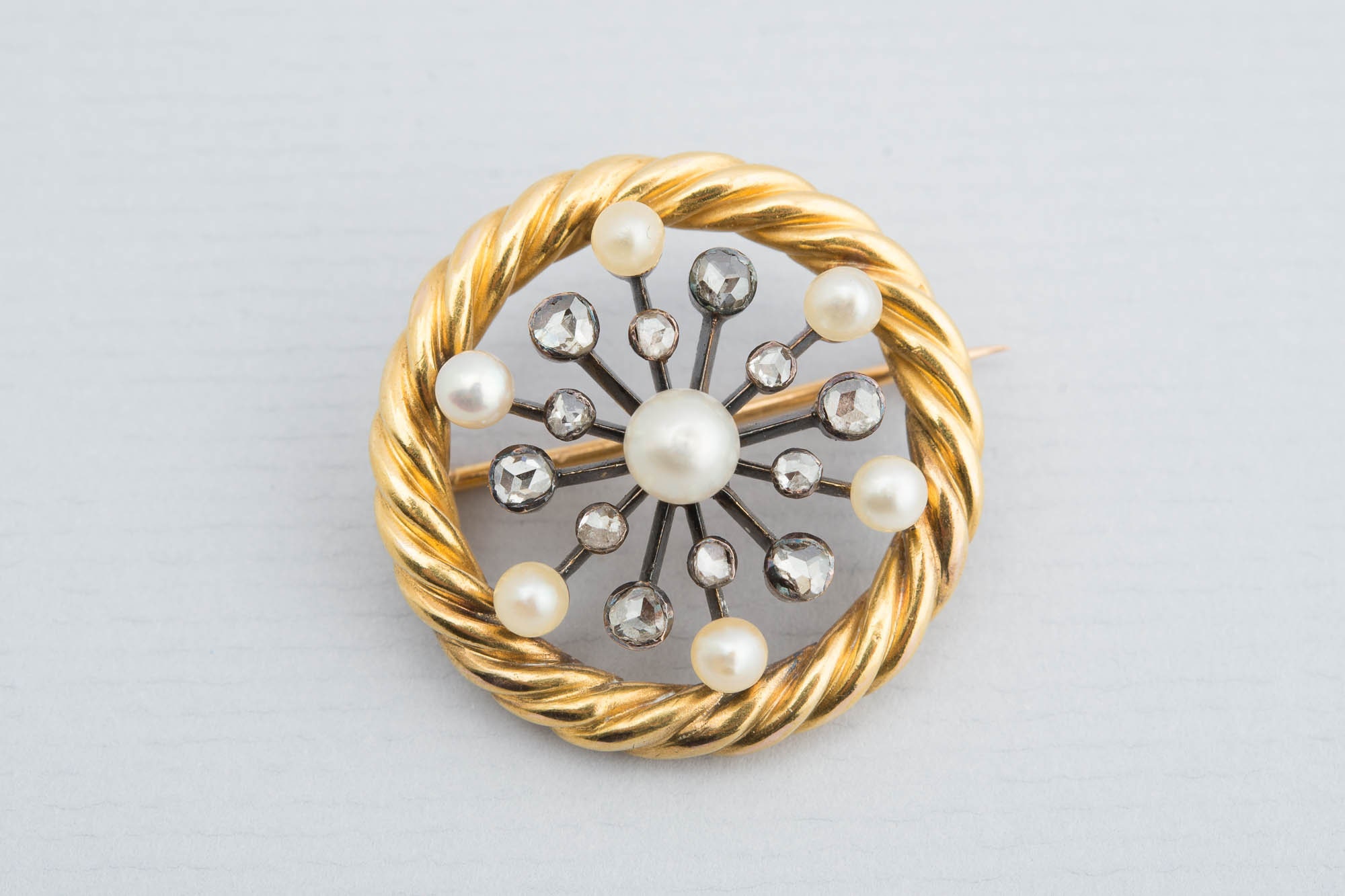 Antique Diamond & Pearl Brooch, Victorian Snowflake Brooch 1870S