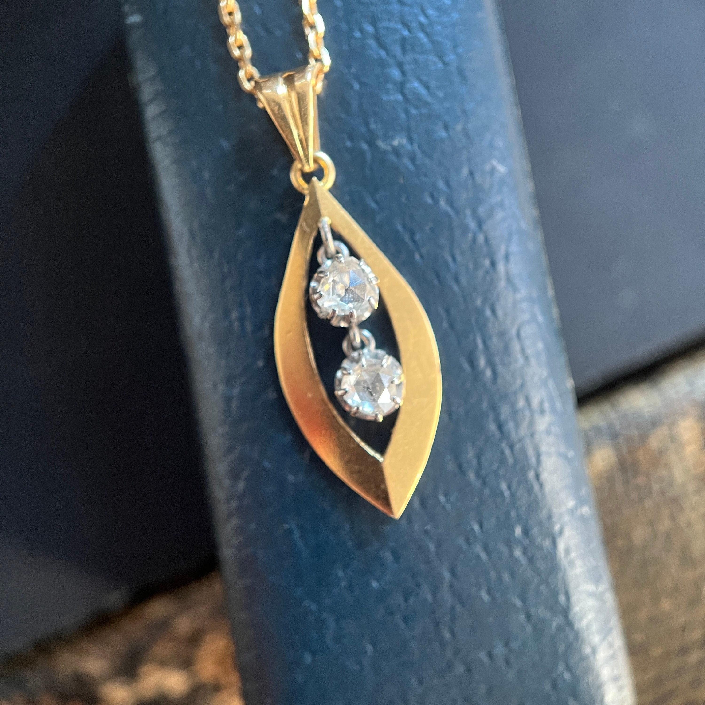 Vintage Diamond Pendant, Leaf Gold 18K 1950S