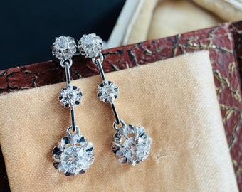 Antique Diamond Earrings, Art Deco Diamond Drop Earrings, 18k White Gold 1920s
