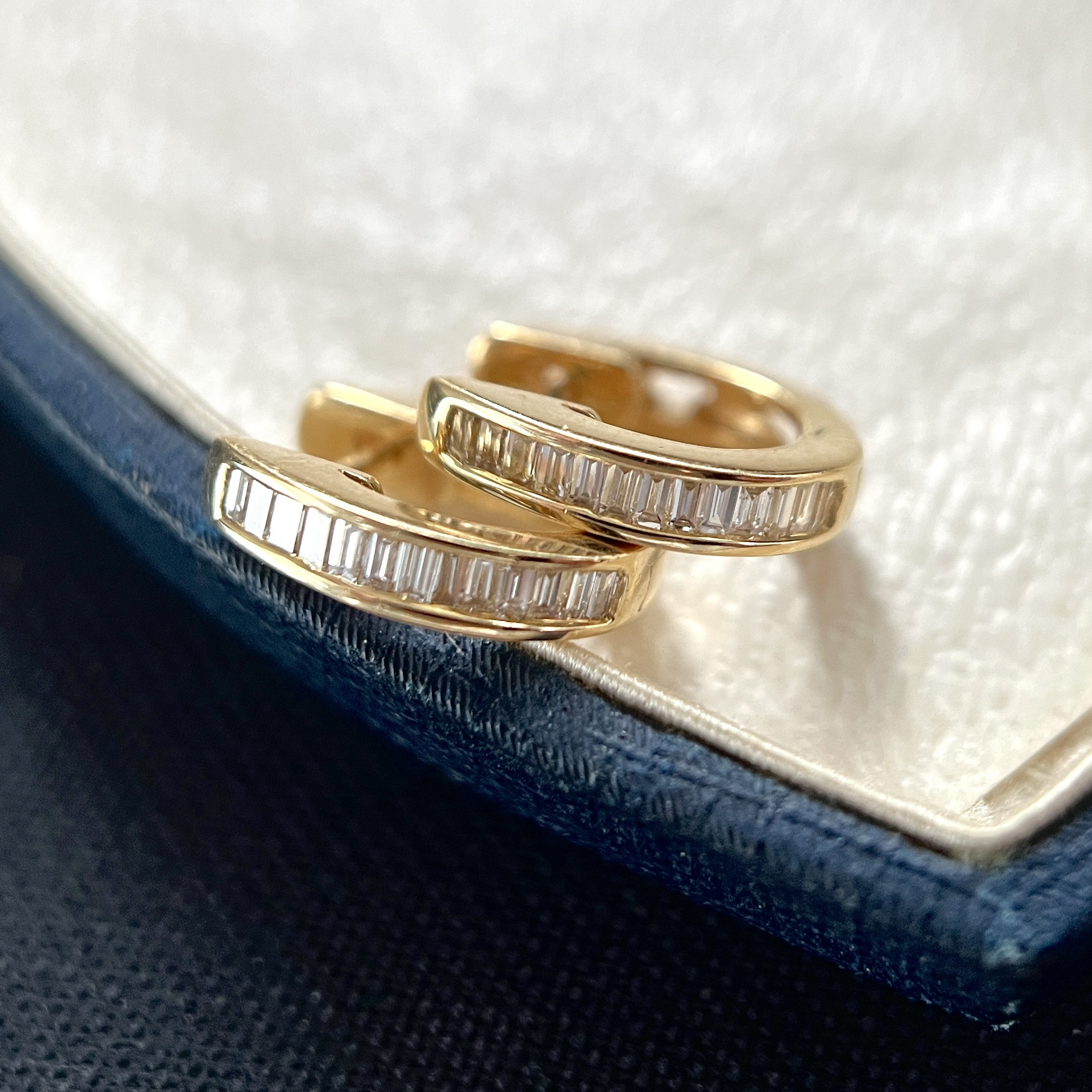 Diamond Huggie Earrings, Baguette Hoop 18K Yellow Gold