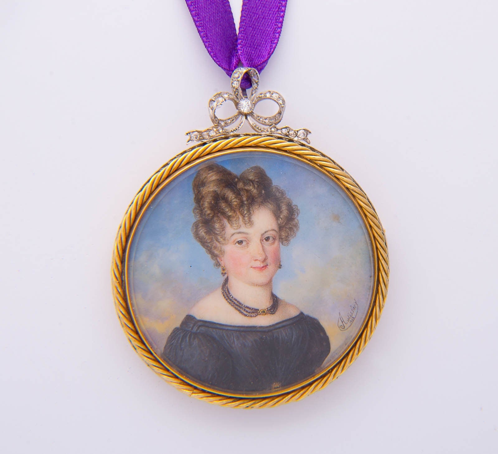 Antique Miniature Portrait Pendant Brooch, Signed Autissier 1828, Diamonds & 18K Gold Platinum