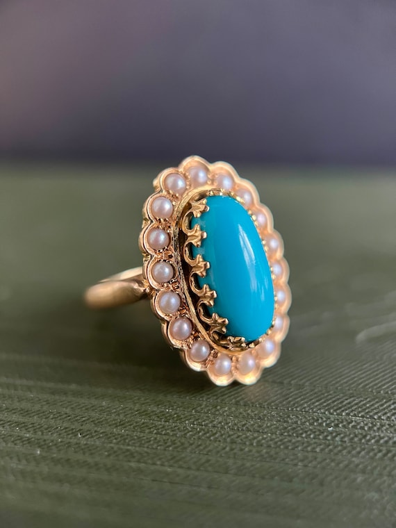 Antique Victorian Ring, Antique Pearl & Turquoise 