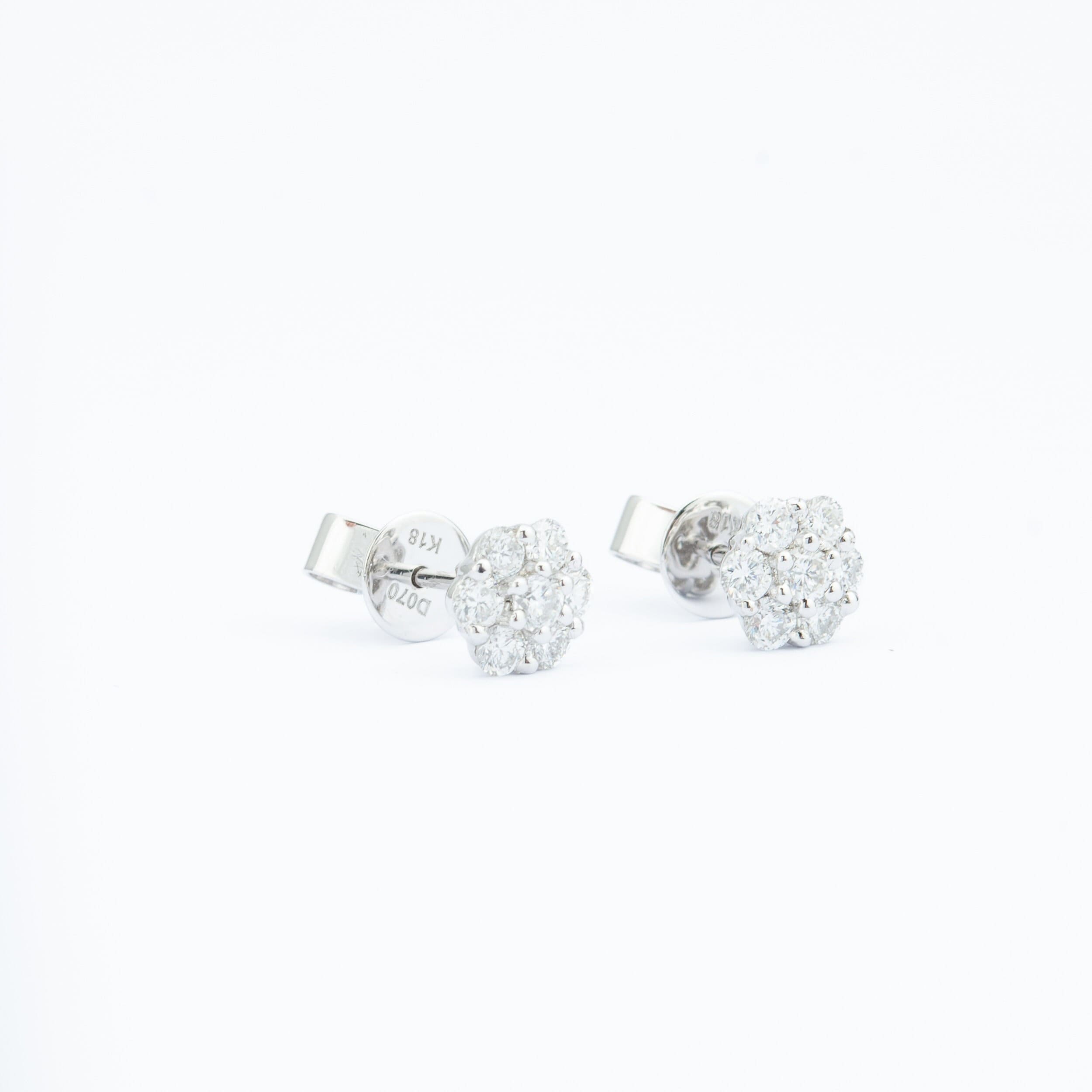 Diamond Stud Earrings, Flower Cluster 18K White Gold