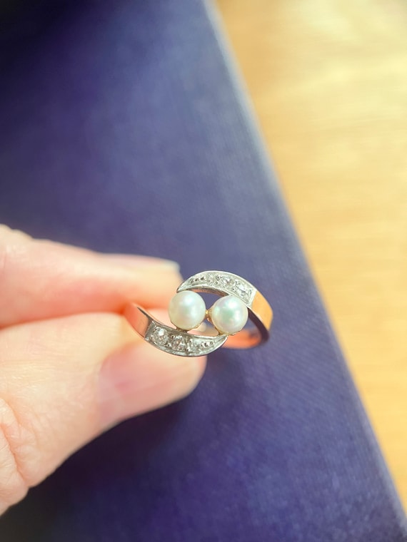 Art Nouveau Ring, Antique Diamond Ring, Diamond & Pearl Ring, 18k Gold 1900s