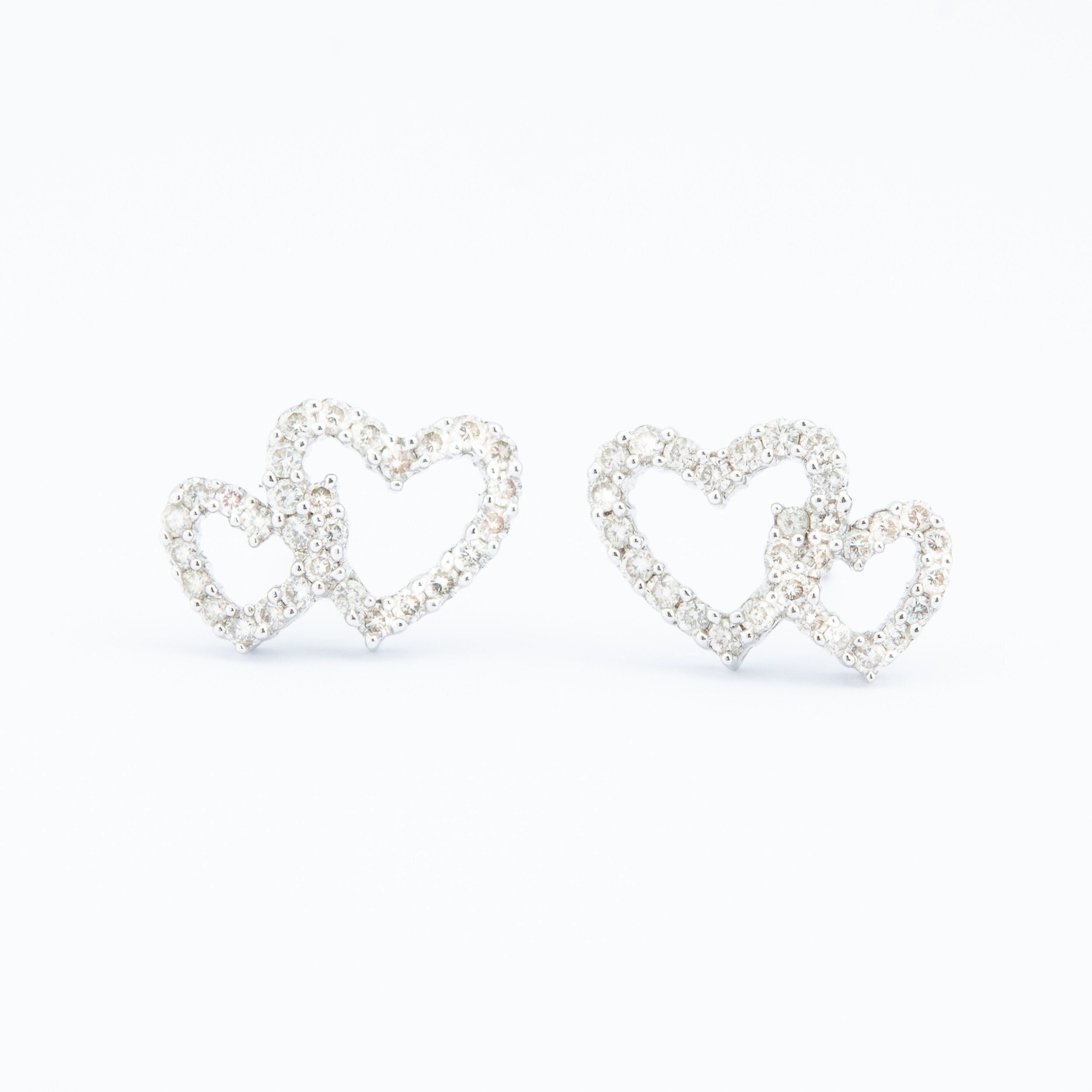 Diamond Stud Earrings, Heart Earrings, 18K White Gold