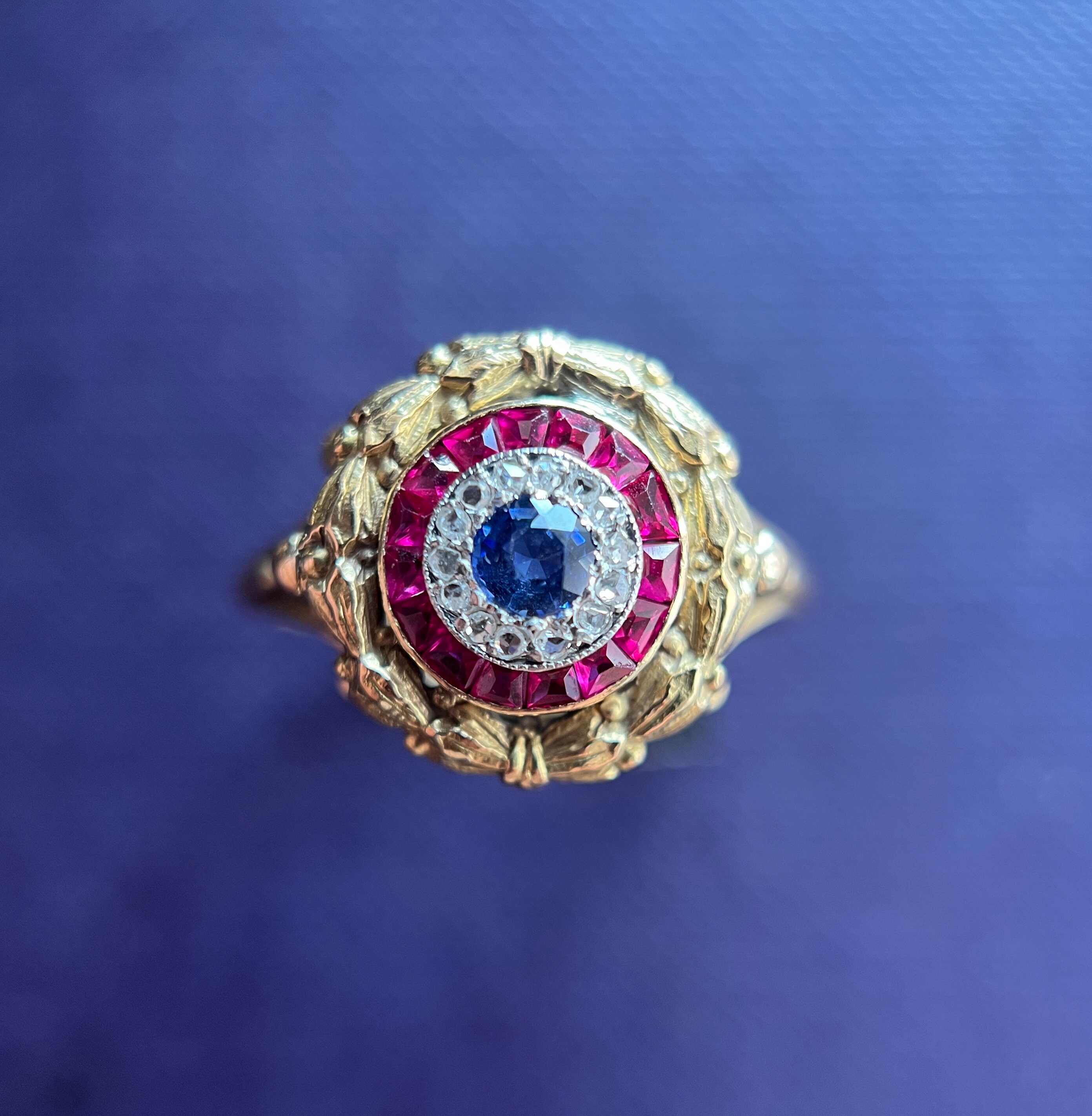 Antique Target Ring, Victorian Cluster Sapphire Ruby & Diamond Ring 1890S