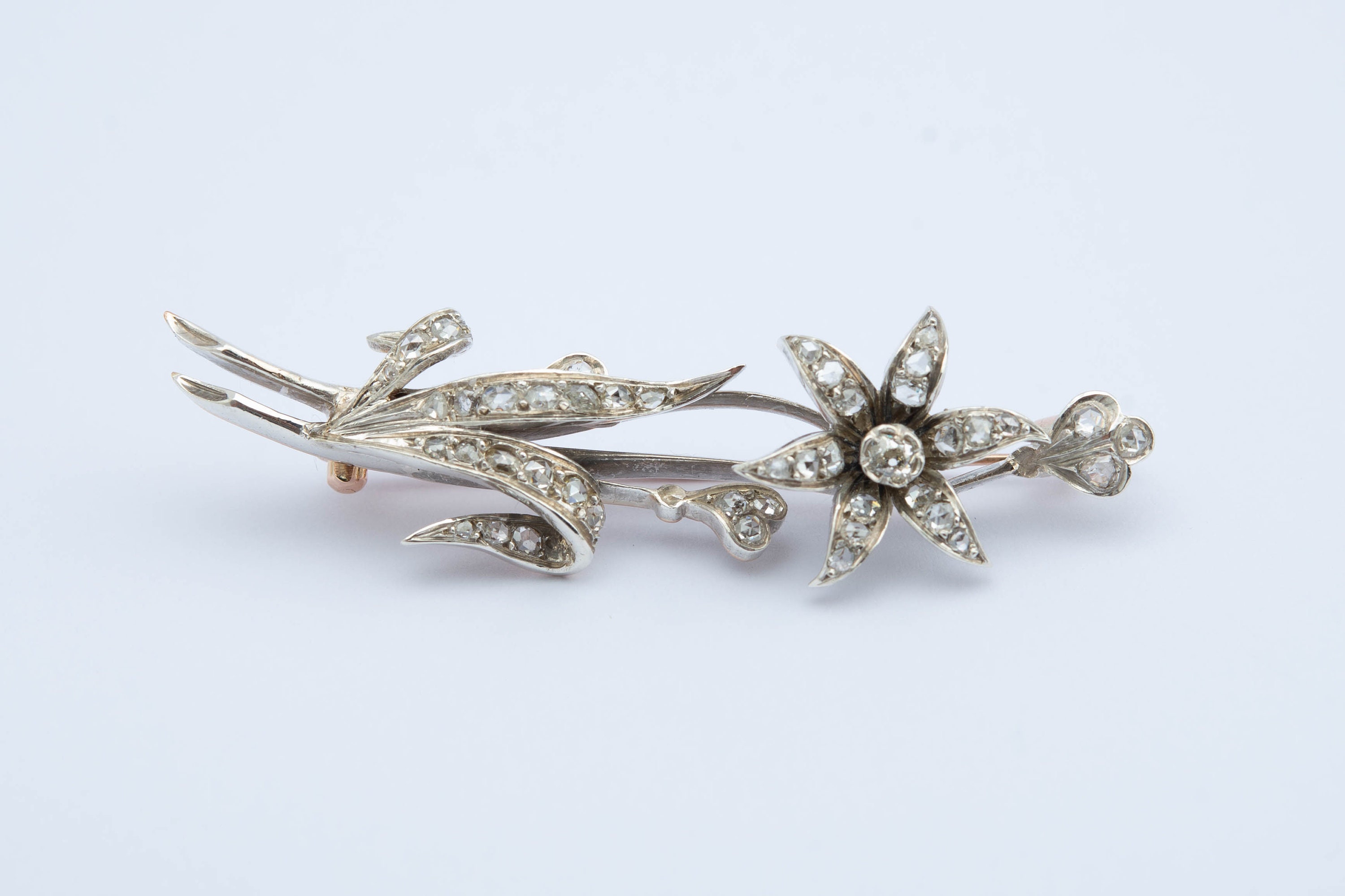 Antique Victorian Brooch, Flower Diamond Gold & Silver 1890S