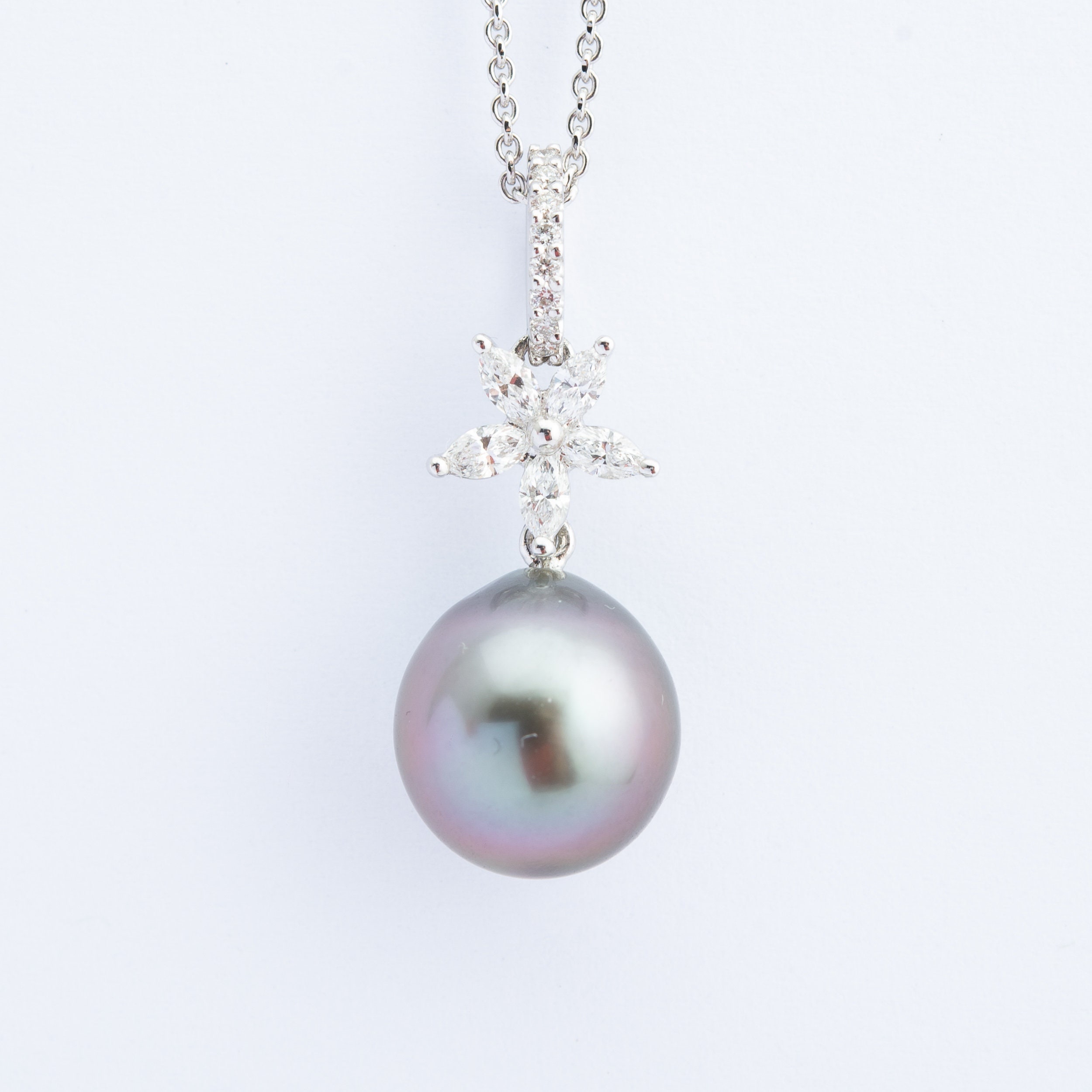 Black Tahitian Pearl & Diamond Pendant, Flower Pendant, 18K White Gold