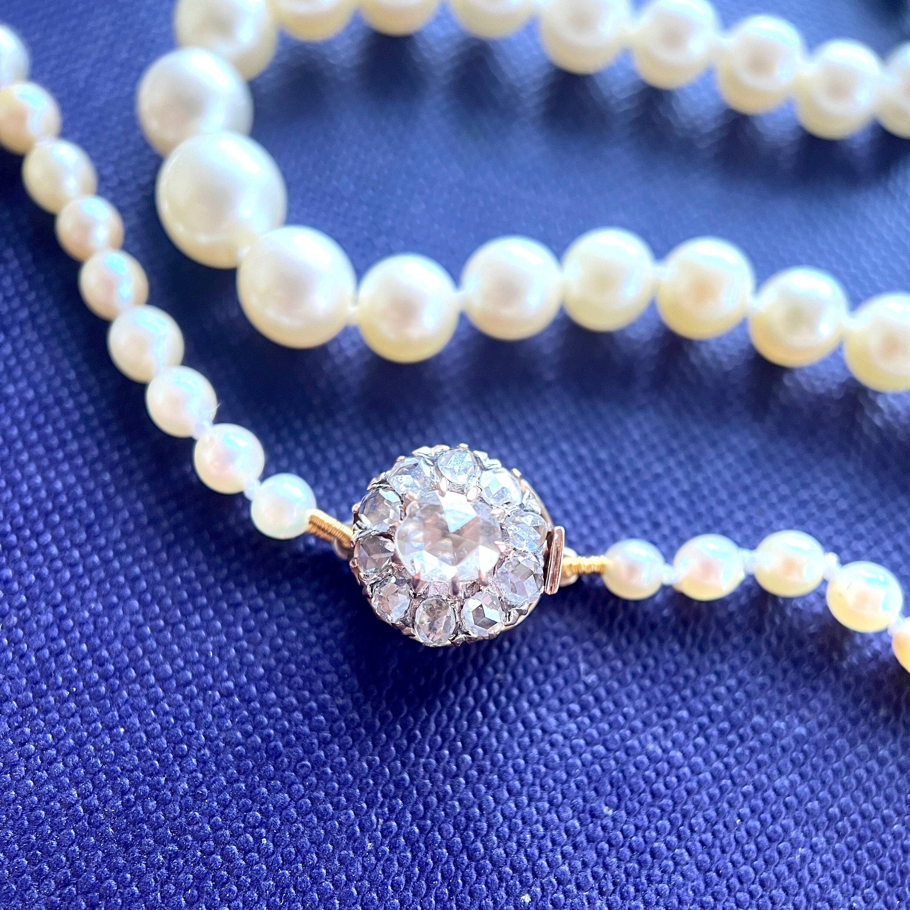 Akoya Pearl Necklace, Antique Diamond Clasp 1850S