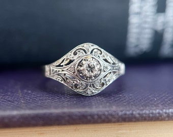 Antique Edwardian Ring, Antique Diamond Ring, Antique Shield Ring, 18k White Gold & Platinum 1920s