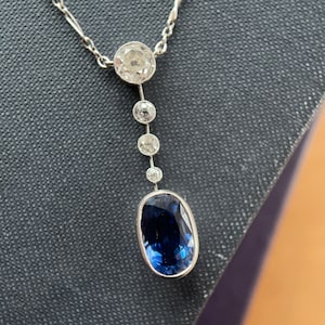 Antique Edwardian Sapphire and Diamond Necklace, Antique Sapphire Necklace, With Gemological Certification, Platinum 1910s