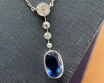 Antique Edwardian Sapphire and Diamond Necklace, Antique Sapphire Necklace, With Gemological Certification, Platinum 1910s