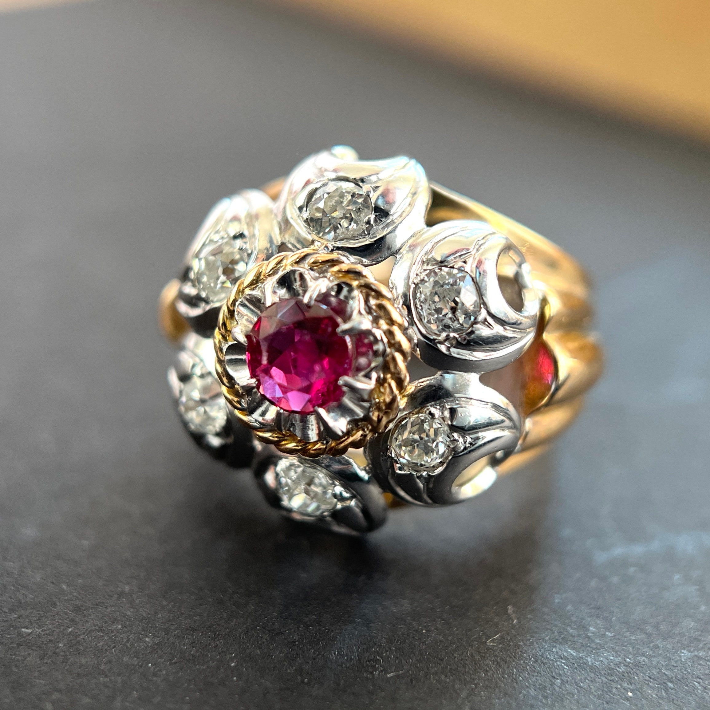 Retro Cocktail Ring, Diamond & Ruby Ring 1945S