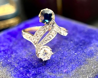 Antique Art Nouveau Ring, Antique Diamond Sapphire Ring, Gold & Platinum 1900s