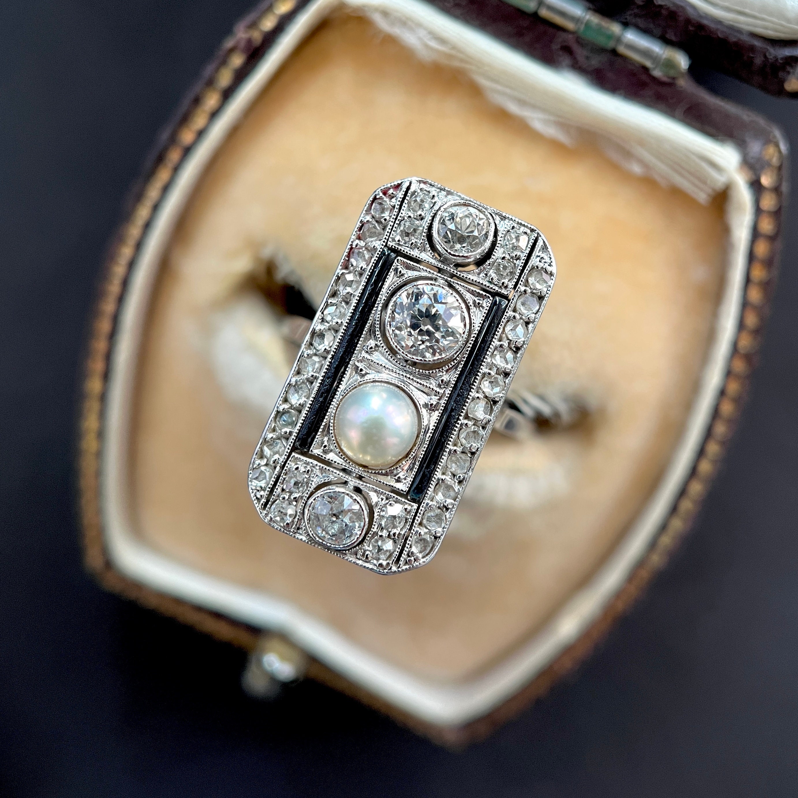Art Deco Ring, Diamond Onyx & Platinum 1920S