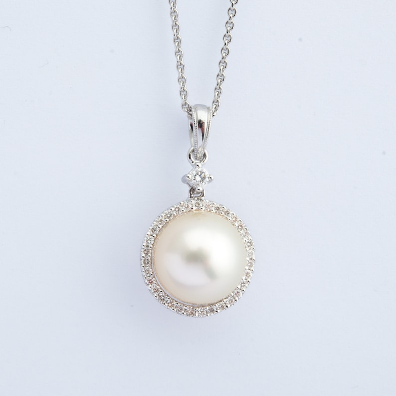 Pearl & Diamond Pendant, White Fresh Water Cultured Pearl Pendant, 18k White Gold image 1