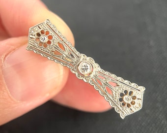 Art Deco Pin Brooch, Antique Brooch, Diamond Bow, 14K White & Yellow Gold 1930s