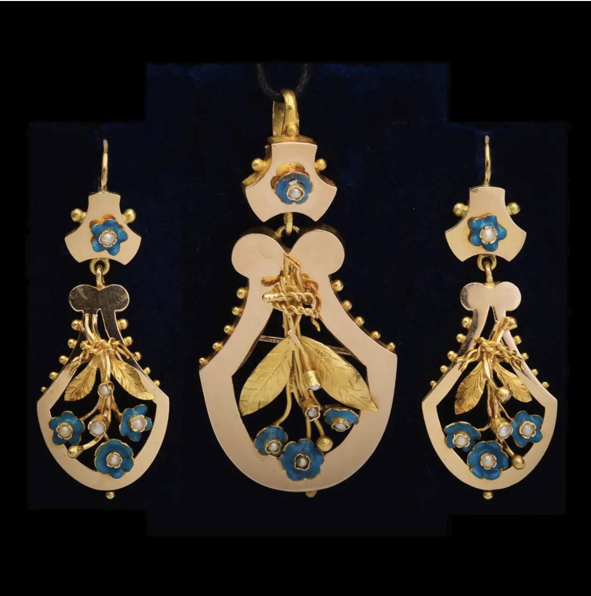 Victorian Earrings & Pendant Set, Antique Pendant, Enamel Pearls 18K Yellow Gold 1870S