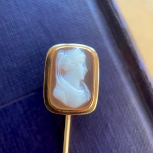 Victorian Cameo Pin, Antique Hard Stone Cameo Stick Pin, 18k Gold 1850s