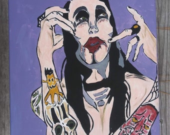 May include: A painting of a person with black hair and dark eye makeup. The person has a skull and a cartoon character tattooed on their arm. The background is purple.