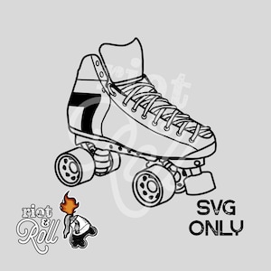 May include: Black and white line art illustration of a roller skate with four wheels. The skate has a black and white striped design on the boot. The text "SVG ONLY" is in the bottom right corner of the image.