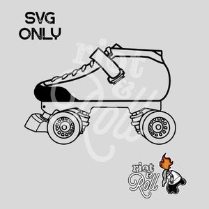 May include: Black and white line art illustration of a roller skate with four wheels. The skate has a strap and buckle. The text "Riot & Roll" is below the skate.