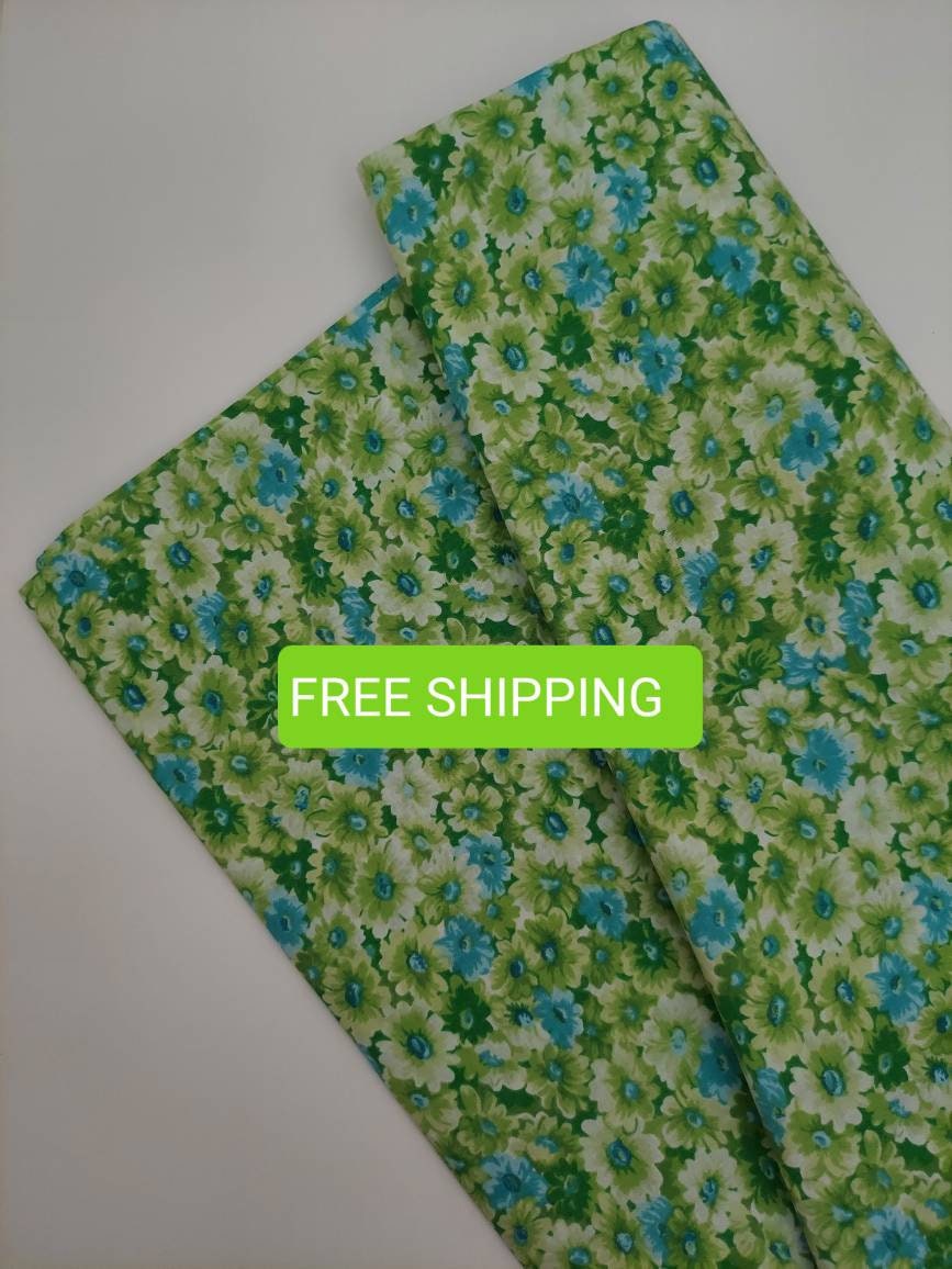 Lime Green Packed Flowers Fabric Lime Green and Aqua Flowers Etsy