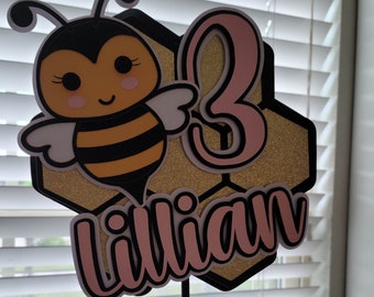 Cute Honey Bee Birthday Cake Topper - 3D Handmade & Personalized Cake Topper - Add a Name and an Age - Customize Colors to Match Your Theme!