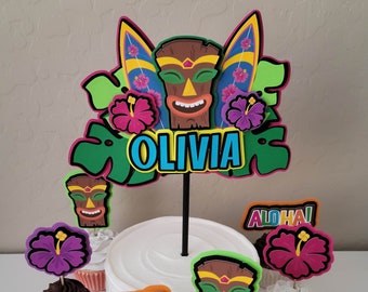 Hawaiian Luau Cake Topper + Cupcake Toppers - 3D Custom Birthday Cake Decorations - Bright Summer Colors Neon Colors Work With a Black Light