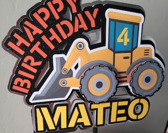 Construction Birthday Theme - Bulldozer Design - Party Cake Topper + Cupcake Toppers Set - Add Your Child's Name & Age - 3D Cake Toppers